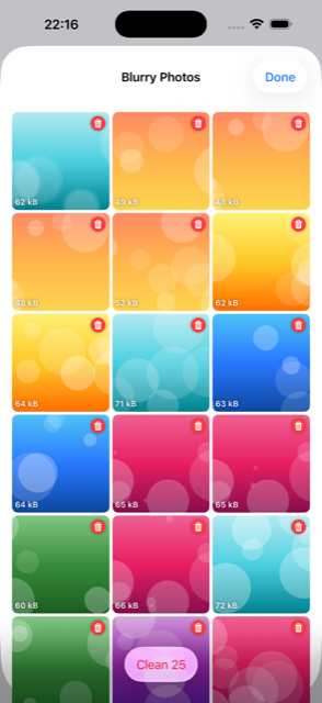 Blurry Photos review grid with a Clean button