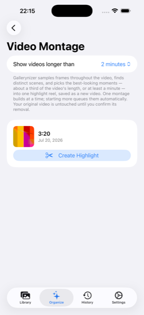 Video Montage screen with a Create Highlight button