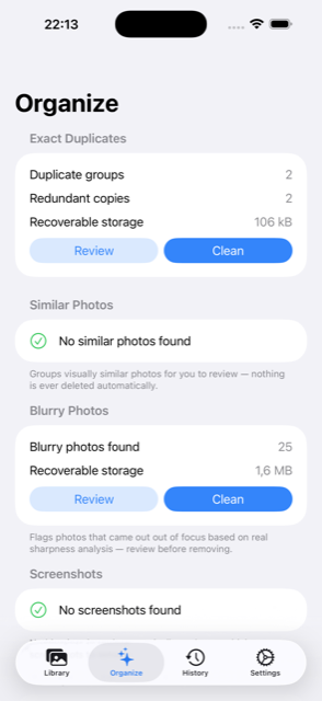Organize screen showing scan results for duplicates, similar photos, and blurry photos