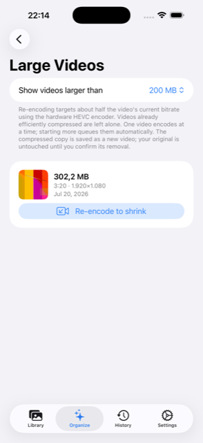 Large Videos screen showing a video with a Re-encode to shrink button